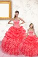 Eye-catching Coral Red Ball Gowns Organza Sweetheart Sleeveless Beading and Ruffles and Pick Ups Floor Length Lace Up 15 Quinceanera Dress