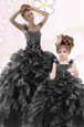 Affordable Black Organza Lace Up One Shoulder Sleeveless Floor Length Sweet 16 Dress Beading and Ruffles
