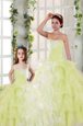 Light Yellow Ball Gowns Beading and Ruffled Layers and Ruching Quinceanera Gowns Lace Up Organza Sleeveless Floor Length