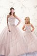 Sleeveless Floor Length Beading Lace Up Quince Ball Gowns with Baby Pink