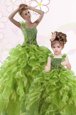 Green Organza Lace Up One Shoulder Sleeveless Floor Length Quinceanera Gown Beading and Ruffles