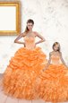 Trendy Orange Ball Gowns Organza Sweetheart Sleeveless Beading and Ruffles and Pick Ups Floor Length Lace Up Sweet 16 Dresses