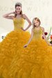 Fantastic Gold Ball Gowns Sweetheart Sleeveless Organza Floor Length Lace Up Beading and Ruffles Quinceanera Gowns