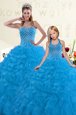 Sweet Blue Sleeveless Floor Length Beading and Ruffles Lace Up 15 Quinceanera Dress