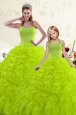 Gold Organza Lace Up Sweetheart Sleeveless Floor Length Ball Gown Prom Dress Beading and Ruffled Layers