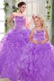 Pretty Beading and Ruffles 15th Birthday Dress Purple Lace Up Sleeveless Floor Length