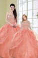 Fantastic Floor Length Lace Up Quinceanera Gown Watermelon Red and In for Military Ball and Sweet 16 and Quinceanera with Beading and Sequins