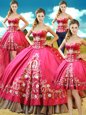 Four Piece Floor Length Hot Pink Sweet 16 Dresses Sweetheart Sleeveless Lace Up