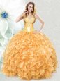 Designer Gold Sweetheart Lace Up Beading and Ruffles Quince Ball Gowns Sleeveless
