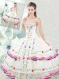 Sleeveless Floor Length Embroidery and Ruffled Layers Lace Up Ball Gown Prom Dress with White