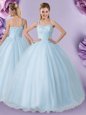 One Shoulder Light Blue Sleeveless Tulle Lace Up 15 Quinceanera Dress for Military Ball and Sweet 16 and Quinceanera