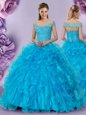Ball Gowns Ball Gown Prom Dress Baby Blue Off The Shoulder Organza Sleeveless Floor Length Lace Up