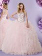 Simple Baby Pink Ball Gowns Tulle Scoop Sleeveless Lace Floor Length Lace Up Sweet 16 Dress