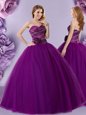 Flirting Dark Purple Sleeveless Hand Made Flower Floor Length 15th Birthday Dress
