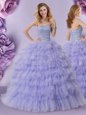 Traditional Sleeveless Tulle Floor Length Lace Up Sweet 16 Quinceanera Dress in Lavender for with Beading and Ruffled Layers