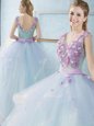 Eye-catching Sleeveless Floor Length Appliques and Ruffles Lace Up Quince Ball Gowns with Light Blue