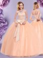 Floor Length Zipper Sweet 16 Dress Peach and In for Military Ball and Sweet 16 and Quinceanera with Beading and Bowknot