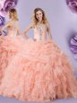 Inexpensive Straps Pick Ups Floor Length Ball Gowns Sleeveless Peach 15th Birthday Dress Zipper