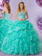 High End Turquoise Ball Gowns Beading and Ruffles and Pick Ups 15th Birthday Dress Lace Up Organza Sleeveless Floor Length