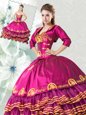 Fuchsia Organza and Taffeta Lace Up Sweetheart Sleeveless Floor Length Sweet 16 Dresses Embroidery and Ruffled Layers