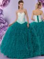Teal Lace Up Quince Ball Gowns Beading and Ruffles Sleeveless Floor Length