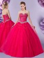 Fashionable Coral Red Ball Gowns Tulle Sweetheart Sleeveless Beading Floor Length Lace Up Vestidos de Quinceanera