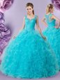 Fantastic Baby Blue Ball Gowns Straps Sleeveless Tulle Floor Length Zipper Beading and Ruffles Quinceanera Gowns