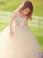 Straps Champagne Tulle Zipper Toddler Flower Girl Dress Sleeveless Floor Length Bowknot and Hand Made Flower