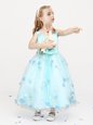 Straps Light Blue A-line Appliques and Bowknot and Hand Made Flower Flower Girl Dress Zipper Organza Sleeveless Ankle Length