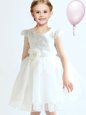 Scoop Cap Sleeves Mini Length Appliques and Bowknot and Hand Made Flower Zipper Toddler Flower Girl Dress with White