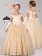 Off the Shoulder Champagne Cap Sleeves Tulle Lace Up Flower Girl Dresses for Party and Quinceanera and Wedding Party