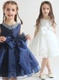 Beautiful White and Navy Blue A-line Organza Scoop Sleeveless Beading and Bowknot Knee Length Zipper Flower Girl Dresses