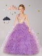 Lilac Organza Lace Up Halter Top Sleeveless Floor Length Flower Girl Dresses Beading and Ruffles and Hand Made Flower