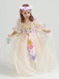 Champagne Tulle Zipper Toddler Flower Girl Dress Half Sleeves Ankle Length Appliques and Hand Made Flower