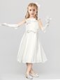 Free and Easy Scoop Sleeveless Satin Tea Length Clasp Handle Toddler Flower Girl Dress in White for with Bowknot and Hand Made Flower