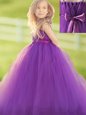 Straps Eggplant Purple Sleeveless Tulle Zipper Flower Girl Dresses for Party and Quinceanera and Wedding Party