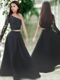 Trendy One Shoulder Floor Length Black Flower Girl Dresses for Less Satin Long Sleeves Lace