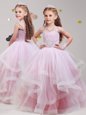 Glamorous Baby Pink Flower Girl Dress Party and Quinceanera and Wedding Party and For with Beading and Ruffles Straps Sleeveless Lace Up