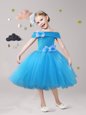 Off the Shoulder Blue Tulle Zipper Toddler Flower Girl Dress Short Sleeves Tea Length Hand Made Flower