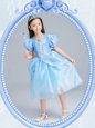 Fashion Square Tea Length A-line Short Sleeves Light Blue Toddler Flower Girl Dress Zipper