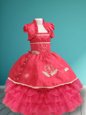 Elegant Coral Red Flower Girl Dresses Party and Quinceanera and Wedding Party and For with Appliques and Ruffled Layers Spaghetti Straps Sleeveless Lace Up