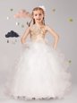 Fancy Halter Top Floor Length Ball Gowns Sleeveless White Toddler Flower Girl Dress Lace Up