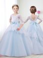 Light Blue Ball Gowns Scoop Half Sleeves Tulle With Brush Train Lace Up Lace and Bowknot Flower Girl Dresses