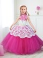 Halter Top Hot Pink High-neck Zipper Beading and Lace Flower Girl Dress Sleeveless
