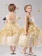Gold Ball Gowns Straps Sleeveless Organza Tea Length Zipper Pick Ups and Hand Made Flower Flower Girl Dress