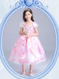 Fashionable Square Baby Pink Short Sleeves Beading and Appliques Tea Length Flower Girl Dresses