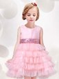 Simple Scoop Sleeveless Tulle Flower Girl Dresses Ruffled Layers and Sequins and Bowknot Zipper