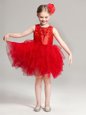 Elegant Scoop Red Sleeveless Appliques and Ruffles Mini Length Flower Girl Dresses