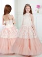 White and Peach Tulle Zipper Halter Top Sleeveless Floor Length Toddler Flower Girl Dress Beading and Lace