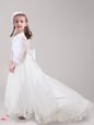 Dramatic Scoop Long Sleeves Tulle With Brush Train Zipper Flower Girl Dresses in White for with Lace and Bowknot
